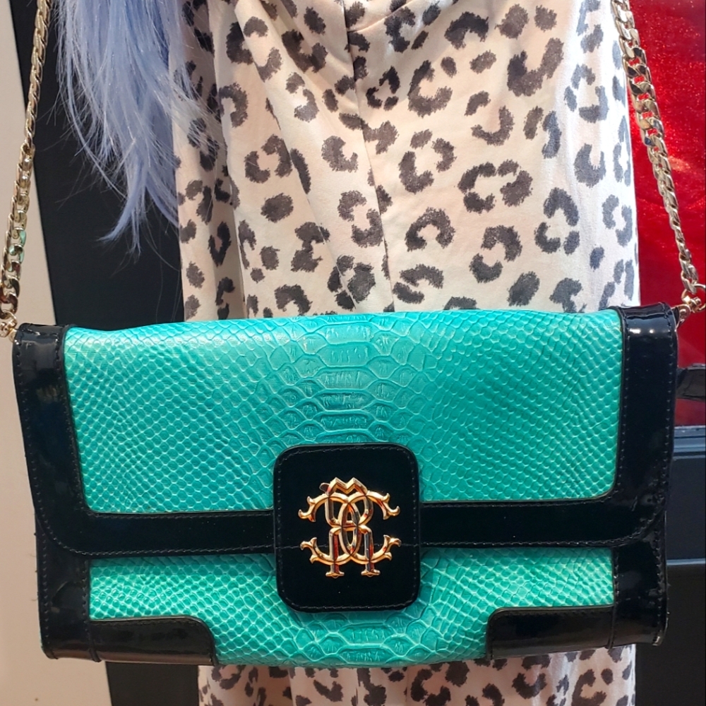Y2K Aqua Python Clutch Chain Crossbody Bag